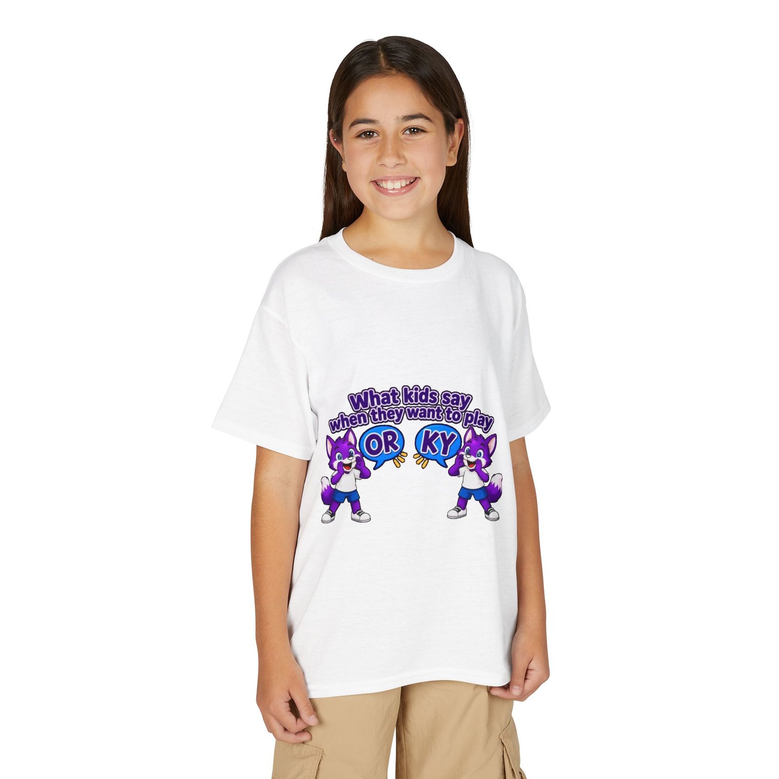 Youth DryBlend® T-Shirt — Cute Purple Husky 'What kids say when they want to play OR KY' Kids Tee - Image 3