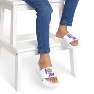 Youth Slide Sandals — Cute Purple Cartoon Unicorn with 'Orky Respect Kindness Yay' Text