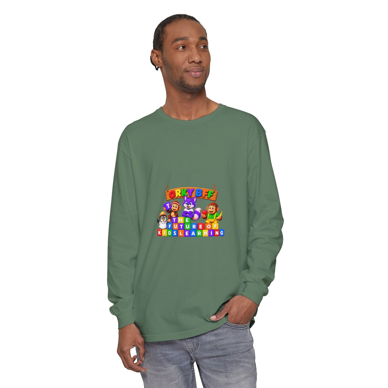 Unisex Garment-dyed Long Sleeve T-Shirt—"Orky Bff Kids Learning " - Image 31
