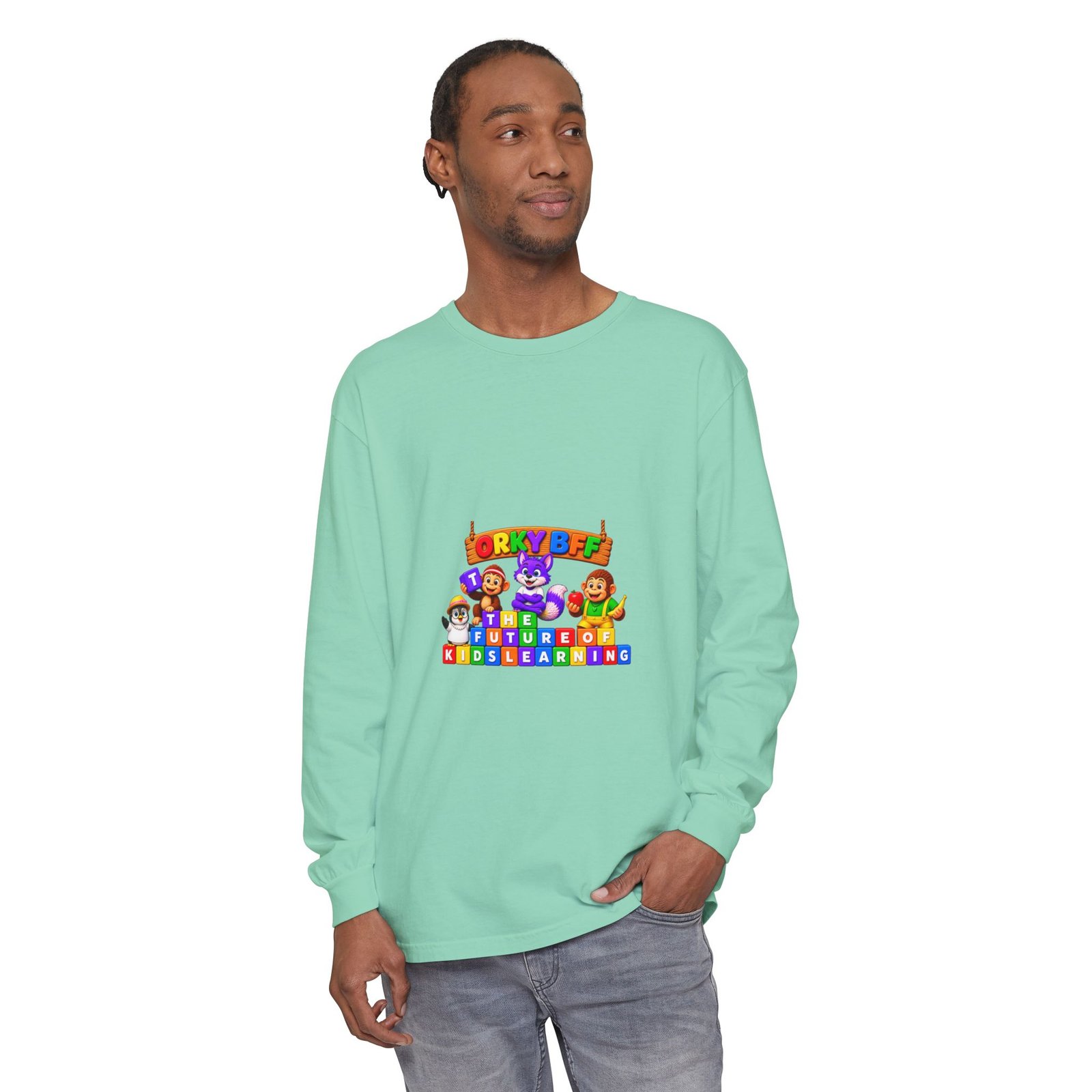Unisex Garment-dyed Long Sleeve T-Shirt—"Orky Bff Kids Learning " - Image 27