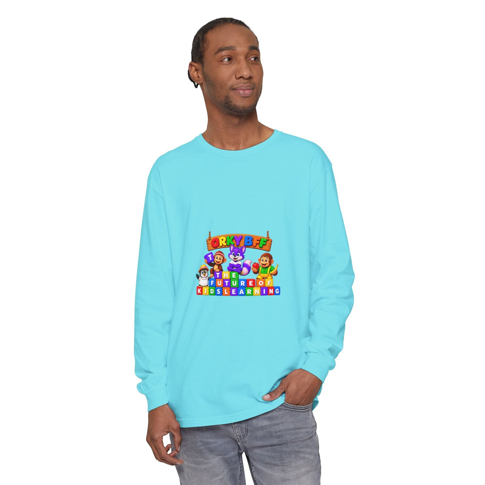 Unisex Garment-dyed Long Sleeve T-Shirt—"Orky Bff Kids Learning " - Image 39