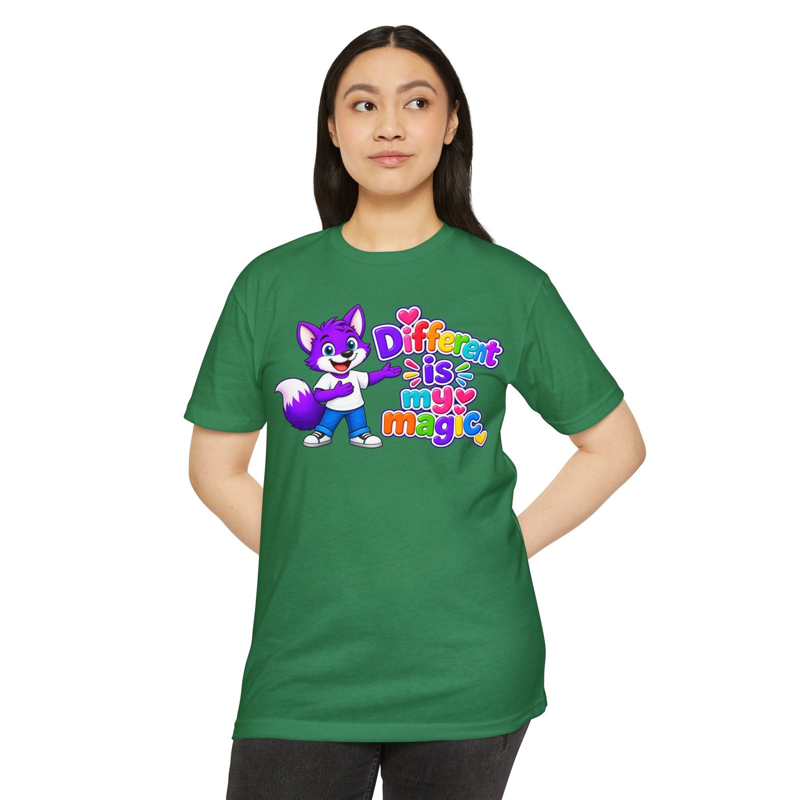 Unisex CVC Jersey T-shirt— "Different Is My Magic" Cute Purple Fox - Image 15