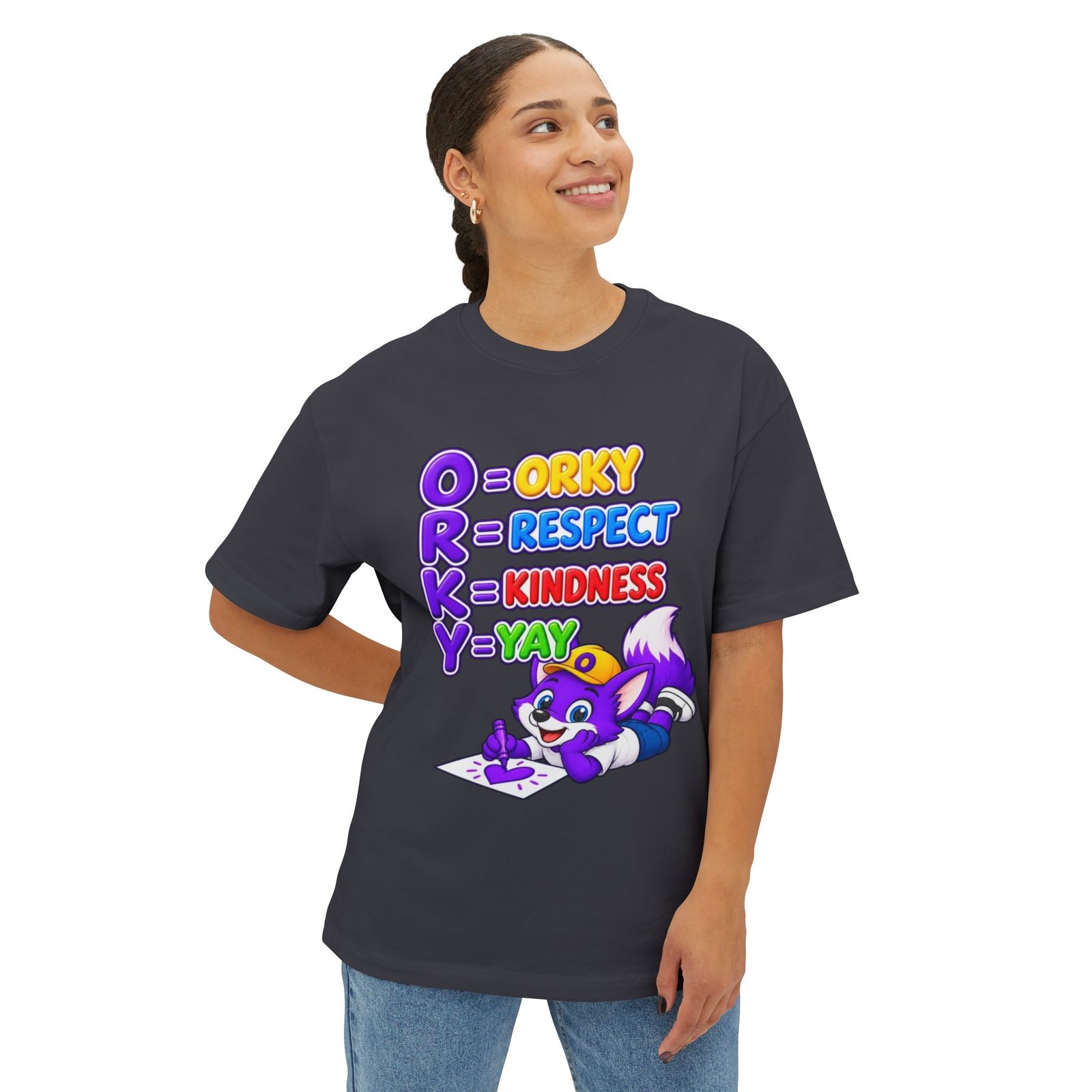 Unisex Oversized Boxy Tee— Orky = Respect, Kindness, Yay Kids T-Shirt - Image 24