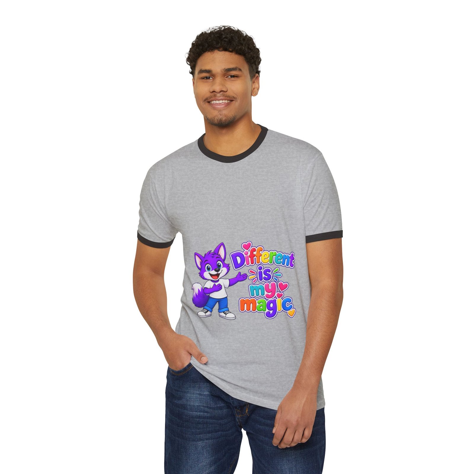 Unisex Cotton Ringer T-Shirt — Different is My Magic Cute Purple Fox - Image 10