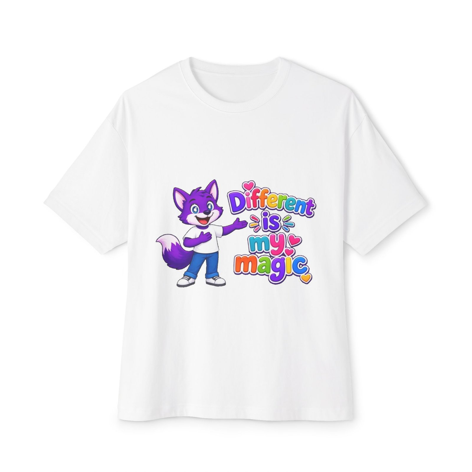 Unisex Oversized Boxy Tee— "Different is My Magic" Purple Fox - Image 2