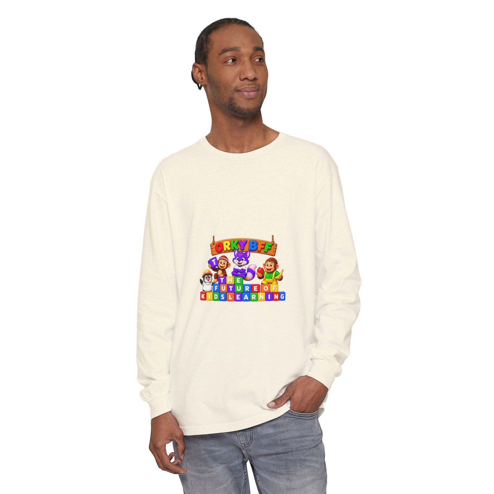 Unisex Garment-dyed Long Sleeve T-Shirt—"Orky Bff Kids Learning " - Image 15