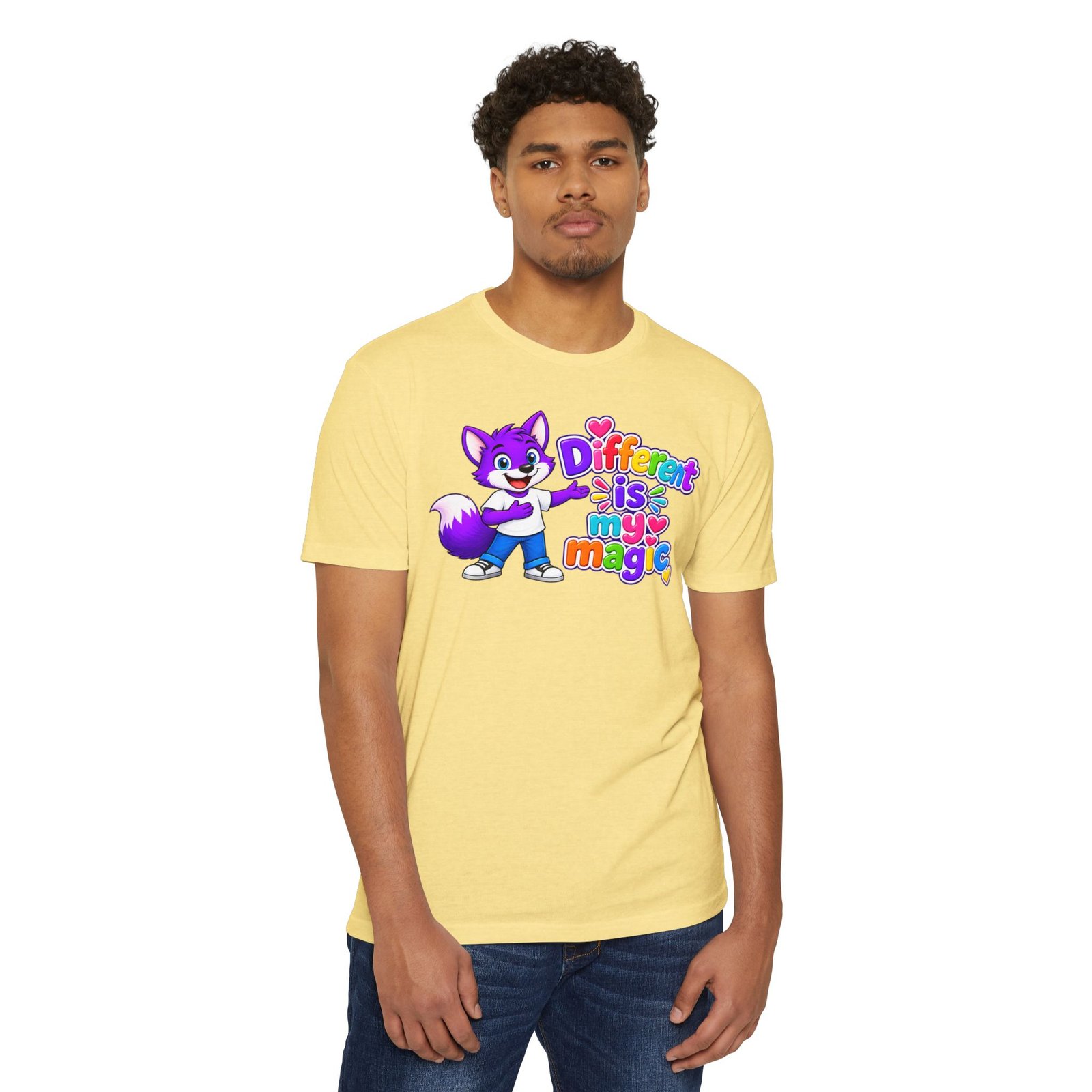 Unisex CVC Jersey T-shirt— "Different Is My Magic" Cute Purple Fox - Image 3