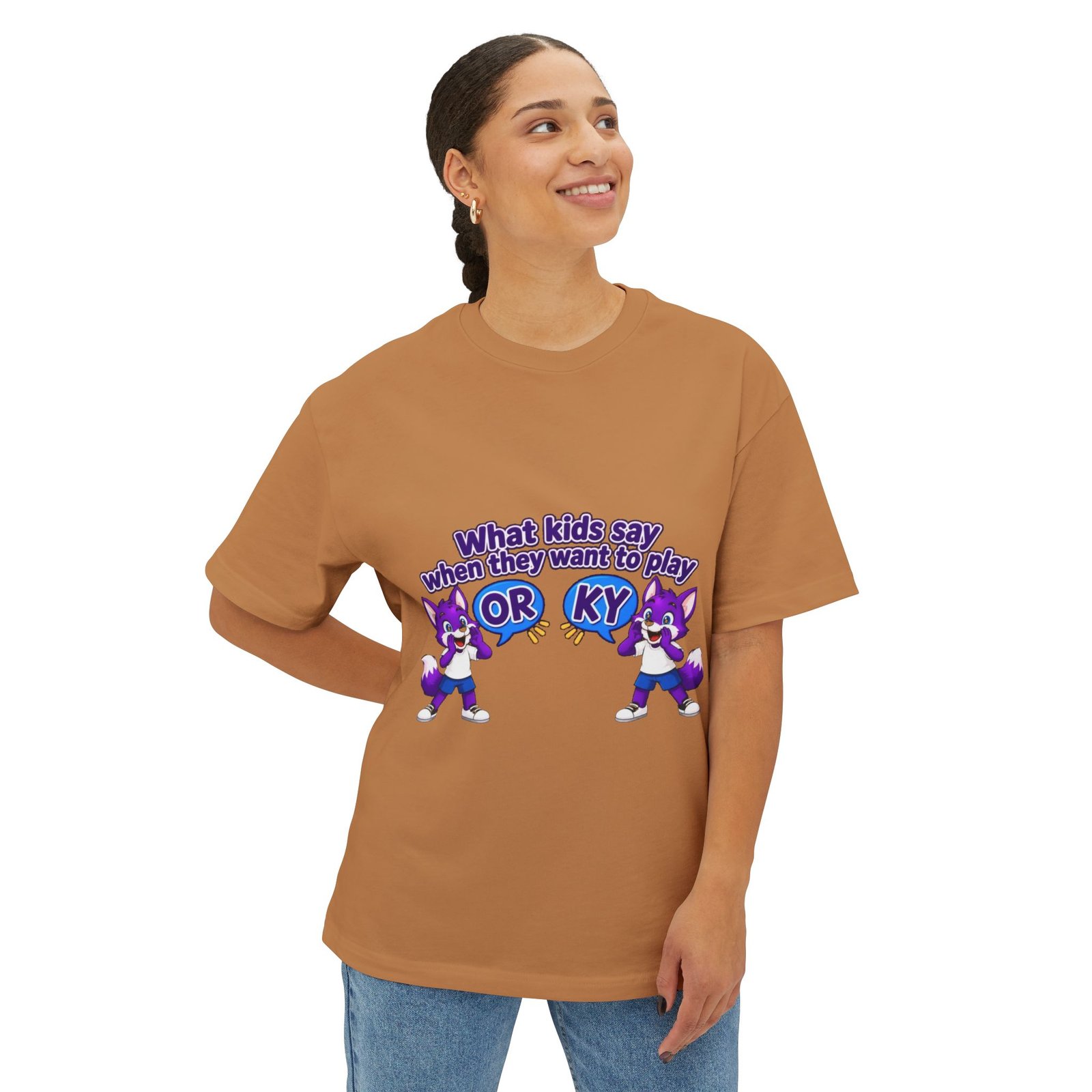 Unisex Oversized Boxy Tee __ Kids' Cartoon Fox 'What Kids Say When They Want to Play' - Image 20