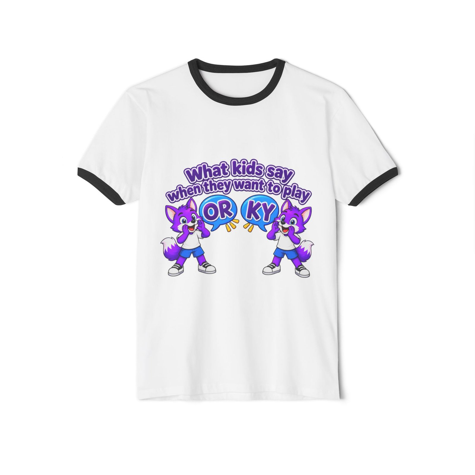 Unisex Cotton Ringer T-Shirt — "What kids say when they want to play: ORKY" Cute Purple Cartoon Fox Graphic - Image 16